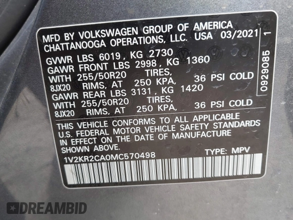 2021 Volkswagen Atlas SE with VIN 1V2KR2CA0MC570498, listed as a IAAI auction lot 41807676 with 56,434 mi miles and . Bid and sale history available at DreamBid. Image 9.