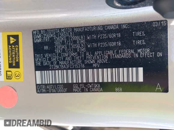 2015 Lexus RX 350 with VIN 2T2BK1BA3FC315318, listed as a IAAI auction lot 42654949 with 161,443 mi miles and . Bid and sale history available at DreamBid. Image 9.
