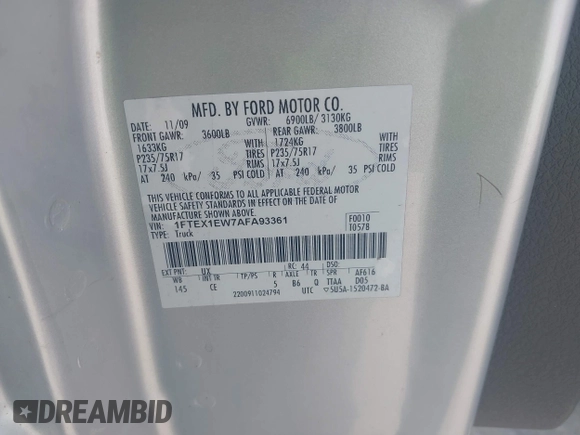 2010 Ford F-150 XL with VIN 1FTEX1EW7AFA93361, listed as a IAAI auction lot 42425591 with 84,104 mi miles and . Bid and sale history available at DreamBid. Image 9.