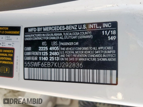 2019 Mercedes-Benz C 43 AMG with VIN 55SWF6EB7KU292836, listed as a Copart auction lot 62105695 with 128,539 mi miles and Clean title. Bid and sale history available at DreamBid. Image 12.