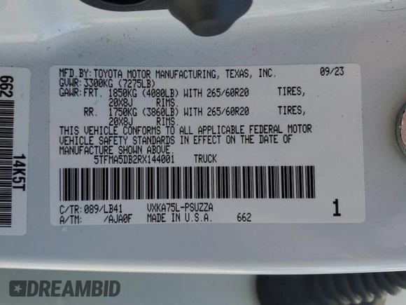 2024 Toyota Tundra 1794 Edition with VIN 5TFMA5DB2RX144001, listed as a Copart auction lot 77356464 with 30,577 mi miles and Salvage title. Bid and sale history available at DreamBid. Image 14.
