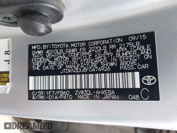 2015 Toyota Prius Four with VIN JTDKN3DU8F0474926, listed as a IAAI auction lot 42484473 with 261,539 mi miles and . Bid and sale history available at DreamBid. Image 9.