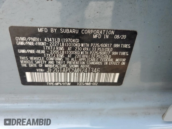 2021 Subaru Crosstrek Premium with VIN JF2GTAPC5MH241346, listed as a Copart auction lot 60843865 with 30,147 mi miles and Salvage title. Bid and sale history available at DreamBid. Image 14.