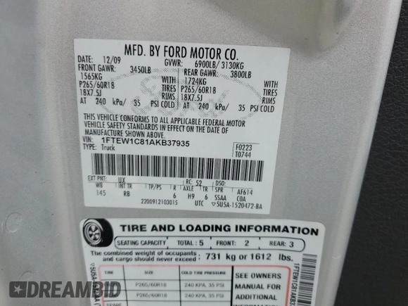 2010 Ford F-150 XL with VIN 1FTEW1C81AKB37935, listed as a Copart auction lot 62644595 with 185,465 mi miles and Salvage title. Bid and sale history available at DreamBid. Image 12.