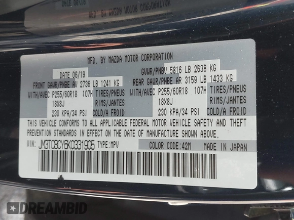 2019 Mazda CX-9 Touring z VIN JM3TCBCY6K0331905, wystawiony jako IAAI lot #42157842 z przebiegiem 84 211 mil mil oraz . Historia ofert i sprzedaży dostępna na DreamBid. Obrazek 9.