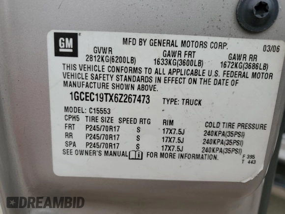 2006 Chevrolet Silverado 1500 LT1 with VIN 1GCEC19TX6Z267473, listed as a Copart auction lot 89146345 with 270,137 mi miles and Salvage Title. Bid and sale history available at DreamBid. Image 15.