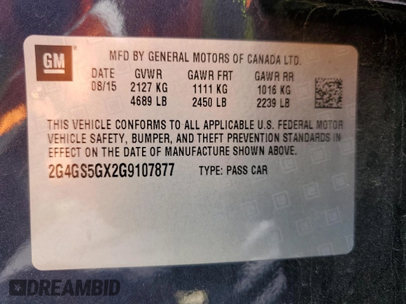 2016 Buick Regal Premium II with VIN 2G4GS5GX2G9107877, listed as a Copart auction lot 54973595 with 126,031 mi miles and Clean Title. Bid and sale history available at DreamBid. Image 13.