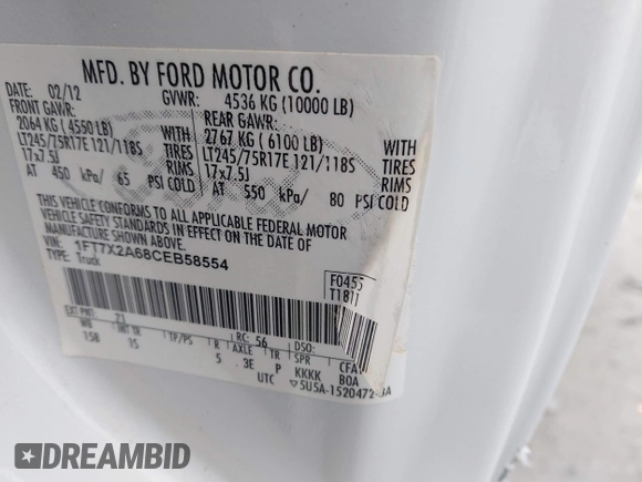 2012 Ford Super Duty F-250 SRW XL with VIN 1FT7X2A68CEB58554, listed as a IAAI auction lot 41366350 with 147,085 mi miles. Bid and sale history available at carsss.com. Image 9.