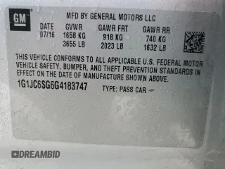 2016 Chevrolet Sonic LT with VIN 1G1JC6SG6G4183747, listed as a Copart auction lot 50846615 with 110,680 mi miles and Clean Title. Bid and sale history available at carsss.com. Image 12.