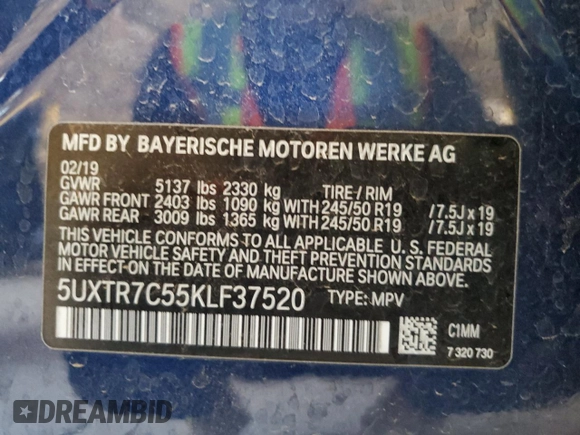 2019 BMW X3 sDrive30i z VIN 5UXTR7C55KLF37520, wystawiony jako Copart lot #58421515 z przebiegiem Nie podano mil oraz Szkoda całkowita • Salvage title. Historia ofert i sprzedaży dostępna na DreamBid. Obrazek 12.