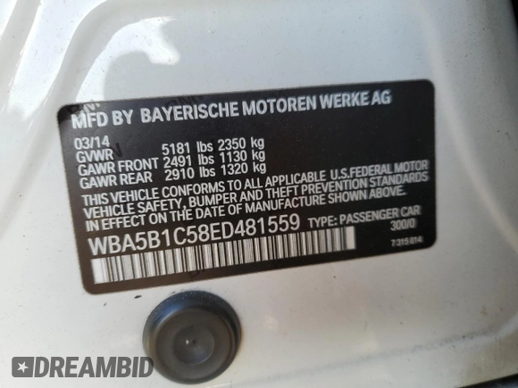 2014 BMW 5 Series 535i with VIN WBA5B1C58ED481559, listed as a Copart auction lot 51527985 with 121,887 mi miles and Salvage Title. Bid and sale history available at carsss.com. Image 14.