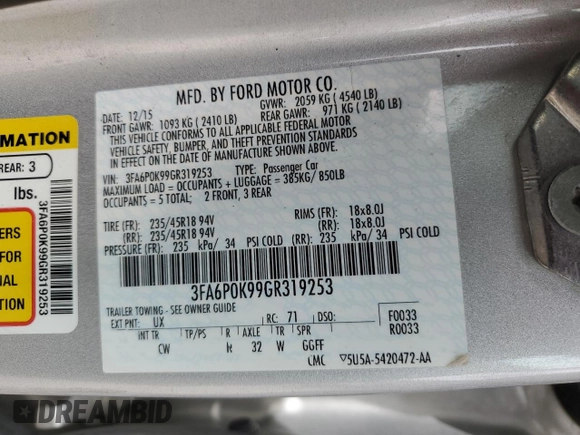 2016 Ford Fusion Titanium with VIN 3FA6P0K99GR319253, listed as a Copart auction lot 51935965 with 186,717 mi miles and Salvage Title. Bid and sale history available at DreamBid. Image 12.
