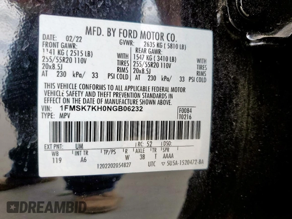 2022 Ford Explorer ST-Line with VIN 1FMSK7KH0NGB06232, listed as a Copart auction lot 55679435 with 52,499 mi miles and Salvage title. Bid and sale history available at DreamBid. Image 13.