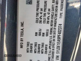 2023 Tesla Model 3 с VIN 5YJ3E1EA9PF402374, выставлен на аукционе Copart как лот 51184075 с пробегом 31 375 миль миль и Списание • Salvage title. История ставок и продаж доступна на DreamBid. Изображение 15.