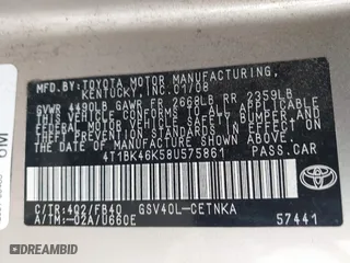 2008 Toyota Camry LE with VIN 4T1BK46K58U575861, listed as a IAAI auction lot 41685664 with 267,003 mi miles. Bid and sale history available at carsss.com. Image 9.