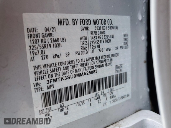 2021 Ford Mustang Mach-E Premium with VIN 3FMTK3SU0MMA25083, listed as a Copart auction lot 45001755 with 46,683 mi miles and Salvage Title. Bid and sale history available at DreamBid. Image 13.
