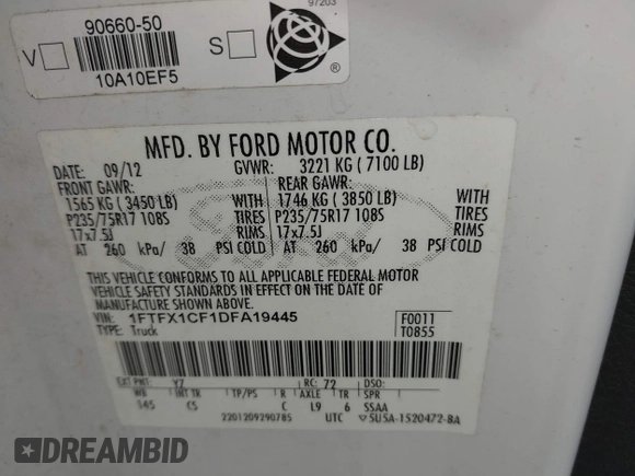 2013 Ford F-150 XL with VIN 1FTFX1CF1DFA19445, listed as a IAAI auction lot 42477840 with 292,047 mi miles and . Bid and sale history available at DreamBid. Image 9.