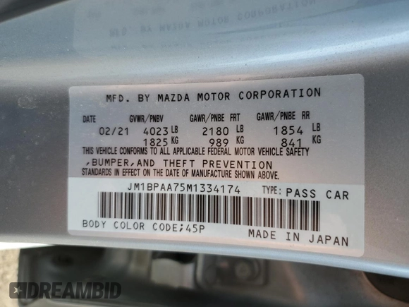 2021 Mazda 3 2.0 with VIN JM1BPAA75M1334174, listed as a Copart auction lot 48397425 with 78,044 mi miles and Salvage Title. Bid and sale history available at DreamBid. Image 12.