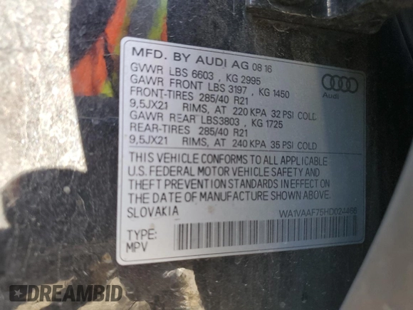2017 Audi Q7 Prestige z VIN WA1VAAF75HD024466, wystawiony jako Copart lot #87878195 z przebiegiem 80 827 mil mil oraz Szkoda całkowita • Salvage title. Historia ofert i sprzedaży dostępna na DreamBid. Obrazek 13.