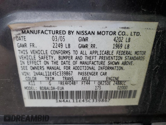 2005 Nissan Altima 2.5 S with VIN 1N4AL11E45C339867, listed as a Copart auction lot 52481985 with 155,225 mi miles and Salvage Title. Bid and sale history available at carsss.com. Image 12.