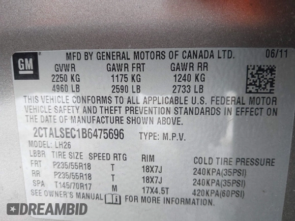 2011 GMC Terrain SLE-2 with VIN 2CTALSEC1B6475696, listed as a IAAI auction lot 41326742 with 115,944 mi miles. Bid and sale history available at carsss.com. Image 9.