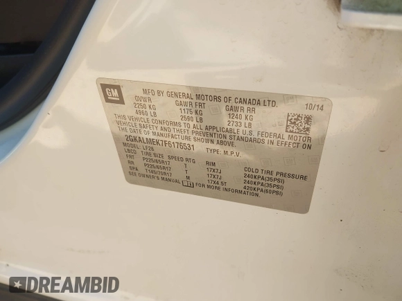 2015 GMC Terrain SLE z VIN 2GKALMEK7F6176531, wystawiony jako IAAI lot #42559112 z przebiegiem 215 849 mil mil oraz . Historia ofert i sprzedaży dostępna na DreamBid. Obrazek 9.