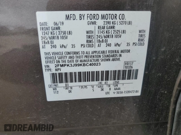 2019 Ford Edge SEL с VIN 2FMPK3J99KBC40023, выставлен на аукционе Copart как лот 61362885 с пробегом 120 508 миль миль и Чистый • Clean title. История ставок и продаж доступна на DreamBid. Изображение 13.