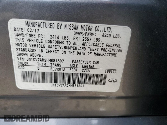 2017 Infiniti Q50 2.0t Sport with VIN JN1CV7AR2HM681807, listed as a Copart auction lot 79299294 with 61,816 mi miles and Salvage Title. Bid and sale history available at carsss.com. Image 12.