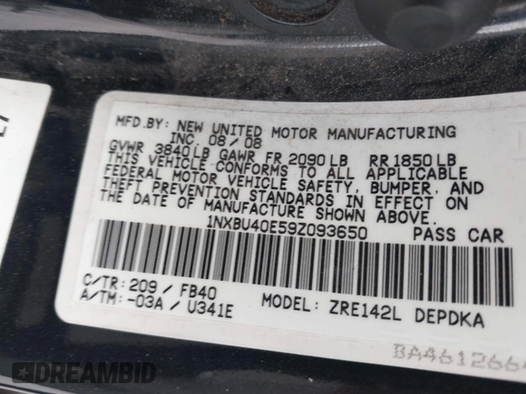 2009 Toyota Corolla with VIN 1NXBU40E59Z093650, listed as a IAAI auction lot 42121575 with 166,631 mi miles. Bid and sale history available at carsss.com. Image 9.