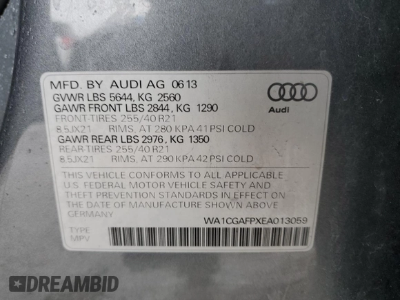 2014 Audi SQ5 Premium Plus with VIN WA1CGAFPXEA013059, listed as a Copart auction lot 50231194 with 105,227 mi miles and Salvage Title. Bid and sale history available at carsss.com. Image 14.