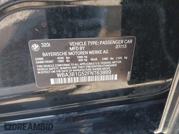2015 BMW 3 Series 320i with VIN WBA3B1G52FNT63889, listed as a IAAI auction lot 41717925 with 73,736 mi miles. Bid and sale history available at carsss.com. Image 9.
