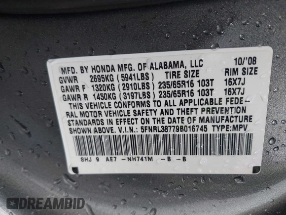 2009 Honda Odyssey EX-L with VIN 5FNRL38779B016745, listed as a IAAI auction lot 41731978 with 139,138 mi miles. Bid and sale history available at carsss.com. Image 9.