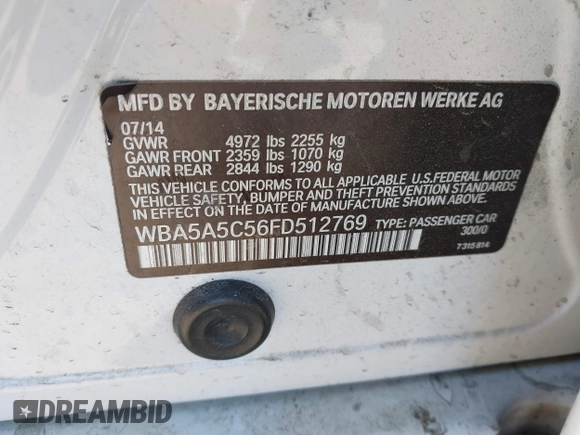 2015 BMW 5 Series 528i with VIN WBA5A5C56FD512769, listed as a IAAI auction lot 40832378 with 113,669 mi miles. Bid and sale history available at carsss.com. Image 9.