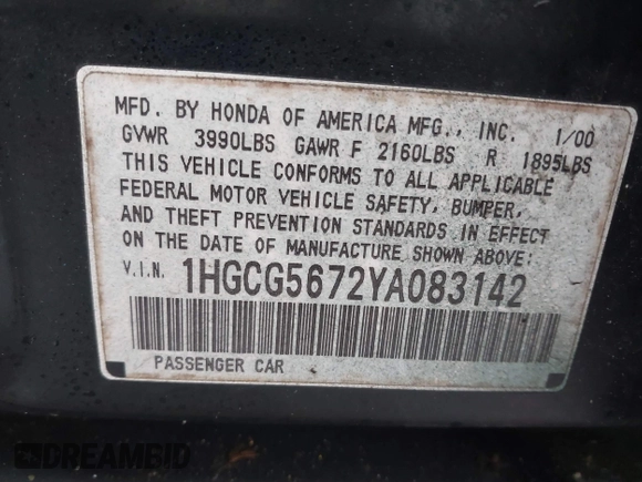 2000 Honda Accord SE z VIN 1HGCG5672YA083142, wystawiony jako IAAI lot #41499986 z przebiegiem Nie podano mil oraz . Historia ofert i sprzedaży dostępna na DreamBid. Obrazek 9.
