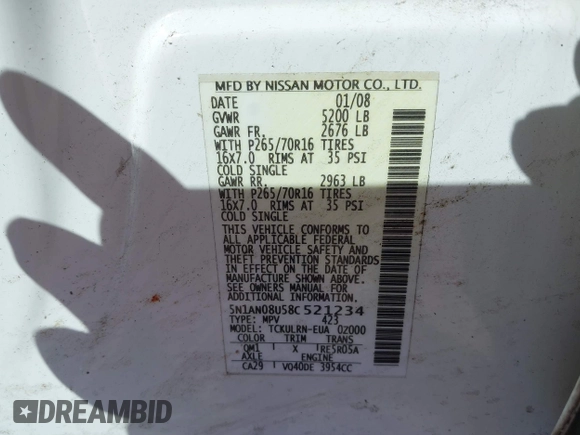 2008 Nissan Xterra S with VIN 5N1AN08U58C521234, listed as a IAAI auction lot 41762347 with 157,728 mi miles and . Bid and sale history available at DreamBid. Image 9.