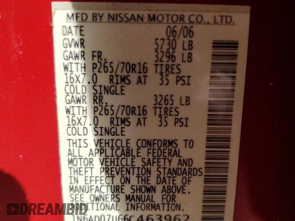 2006 Nissan Frontier SE with VIN 1N6AD07U66C463962, listed as a Copart auction lot 48225945 with 167,447 mi miles and Salvage title. Bid and sale history available at DreamBid. Image 12.