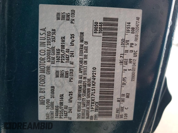 2001 Ford F-150 XL z VIN 1FTRX17L51KF49210, wystawiony jako Copart lot #45689785 z przebiegiem Nie podano mil oraz Szkoda całkowita • Salvage title. Historia ofert i sprzedaży dostępna na DreamBid. Obrazek 14.