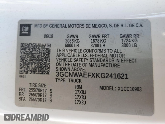 2019 Chevrolet Silverado 1500 Work Truck with VIN 3GCNWAEFXKG241621, listed as a Copart auction lot 48969065 with 115,000 mi miles and Salvage Title. Bid and sale history available at DreamBid. Image 12.