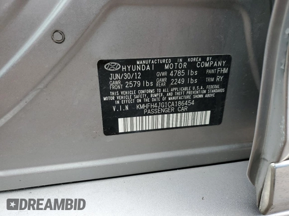 2012 Hyundai Azera с VIN KMHFH4JG1CA186454, выставлен на аукционе Copart как лот 51685695 с пробегом 123 327 миль миль и Списание • Salvage title. История ставок и продаж доступна на DreamBid. Изображение 12.