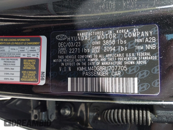 2024 Hyundai Elantra SEL with VIN KMHLM4DG8RU707705, listed as a IAAI auction lot 41523436 with 17,494 mi miles and . Bid and sale history available at DreamBid. Image 9.