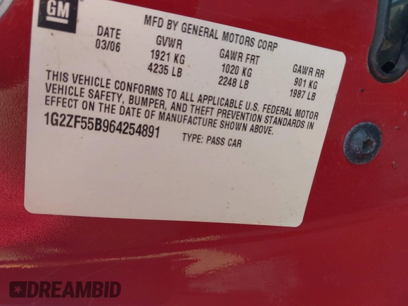 2006 Pontiac G6 with VIN 1G2ZF55B964254891, listed as a IAAI auction lot 42655060 with 162,929 mi miles and . Bid and sale history available at DreamBid. Image 9.