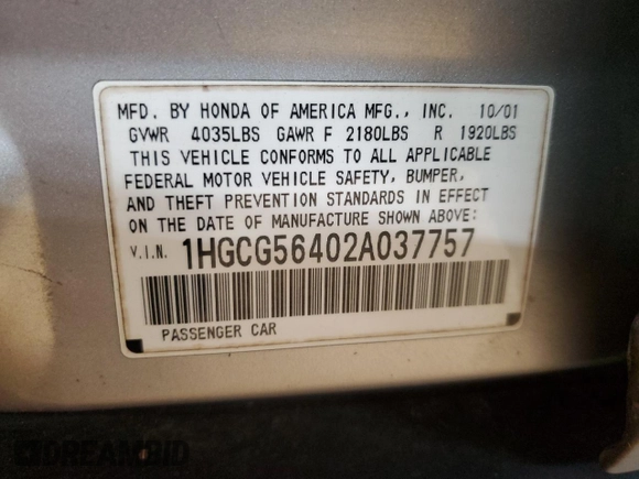 2002 Honda Accord LX z VIN 1HGCG56402A037757, wystawiony jako Copart lot #54346295 z przebiegiem Nie podano mil oraz Szkoda całkowita • Salvage title. Historia ofert i sprzedaży dostępna na DreamBid. Obrazek 12.