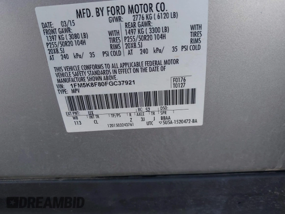 2015 Ford Explorer Limited with VIN 1FM5K8F80FGC37921, listed as a IAAI auction lot 41785669 with Not Provided miles and . Bid and sale history available at DreamBid. Image 9.