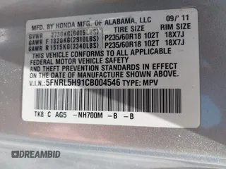 2012 Honda Odyssey Touring с VIN 5FNRL5H91CB004546, выставлен на аукционе IAAI как лот 42175002 с пробегом 118 719 миль миль и . История ставок и продаж доступна на DreamBid. Изображение 9.