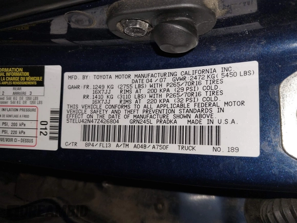 2007 Toyota Tacoma with VIN 5TELU42N47Z426804, listed as a IAAI auction lot 41543032 with 245,428 mi miles and . Bid and sale history available at DreamBid. Image 9.