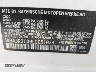 2020 BMW 5 Series 530i with VIN WBAJR3C06LCE51928, listed as a IAAI auction lot 38396315 with 93,150 mi miles and . Bid and sale history available at DreamBid. Image 9.