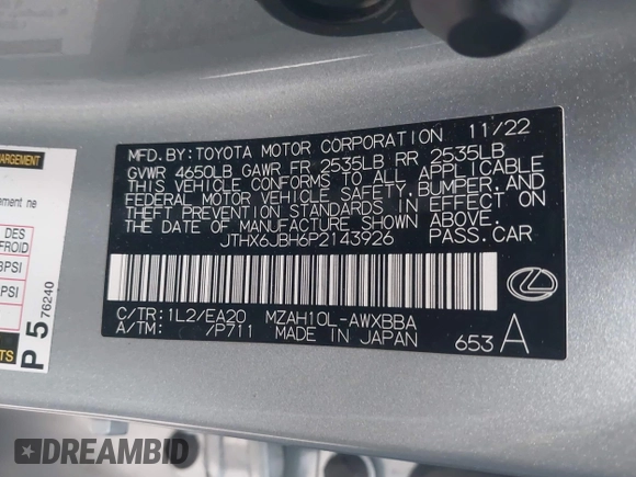 2023 Lexus UX 250h with VIN JTHX6JBH6P2143926, listed as a IAAI auction lot 42180779 with 65,106 mi miles and . Bid and sale history available at DreamBid. Image 9.