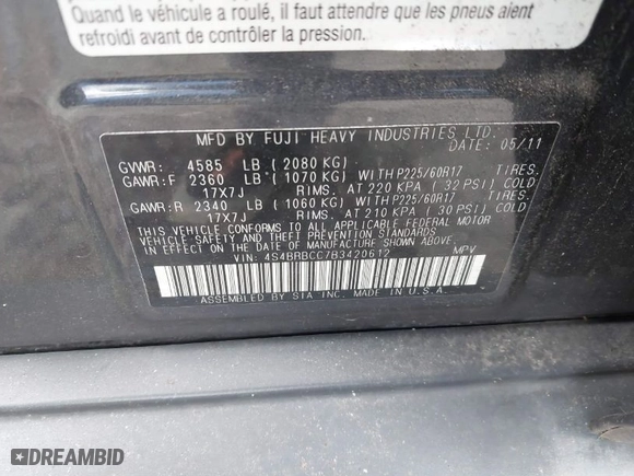 2011 Subaru Outback 2.5i Prem AWP with VIN 4S4BRBCC7B3420612, listed as a IAAI auction lot 41726379 with 214,088 mi miles. Bid and sale history available at carsss.com. Image 8.
