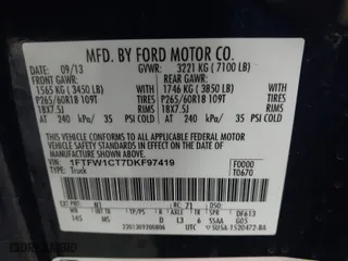 2013 Ford F-150 XL with VIN 1FTFW1CT7DKF97419, listed as a IAAI auction lot 41725218 with 86,441 mi miles. Bid and sale history available at carsss.com. Image 9.