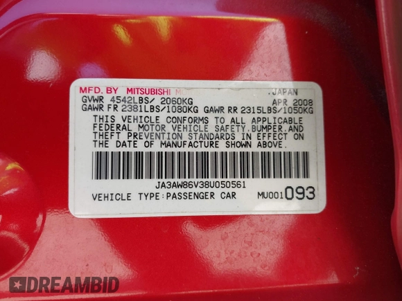 2008 Mitsubishi Lancer Evolution GSR with VIN JA3AW86V38U050561, listed as a IAAI auction lot 41879629 with 104,905 mi miles. Bid and sale history available at carsss.com. Image 9.
